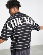 Asos Design Oversized Striped T-shirt In Black With Back Chicago City Print