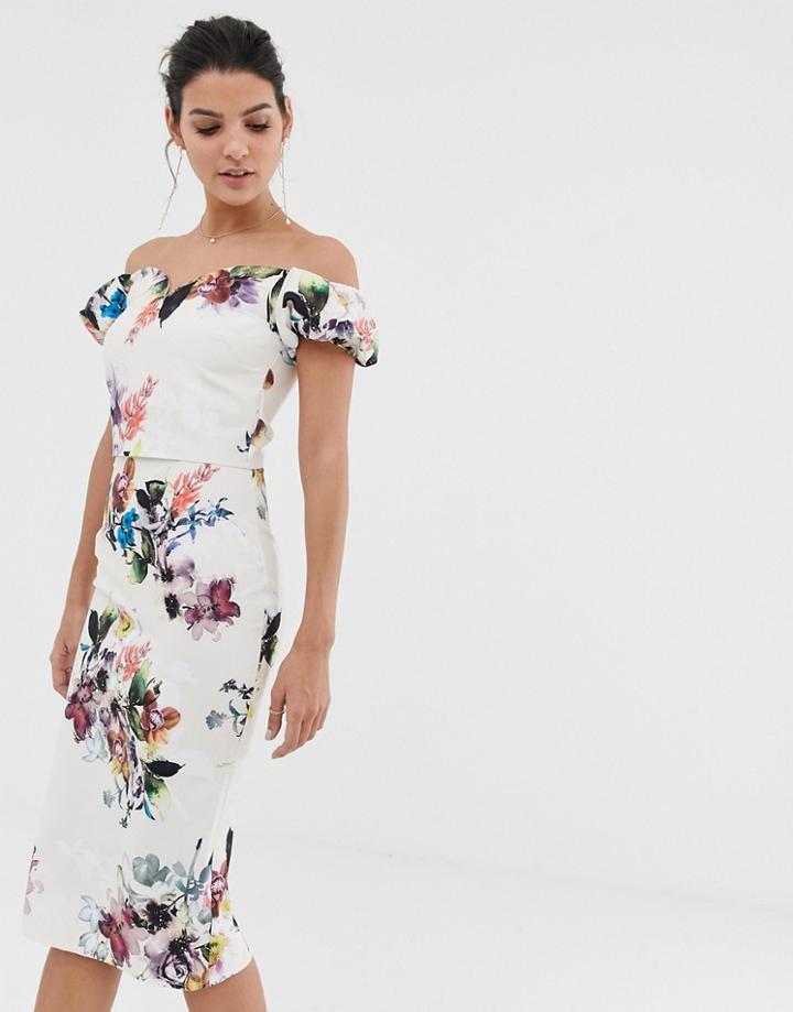 Little Mistress Bardot Floral Pencil Dress - Multi