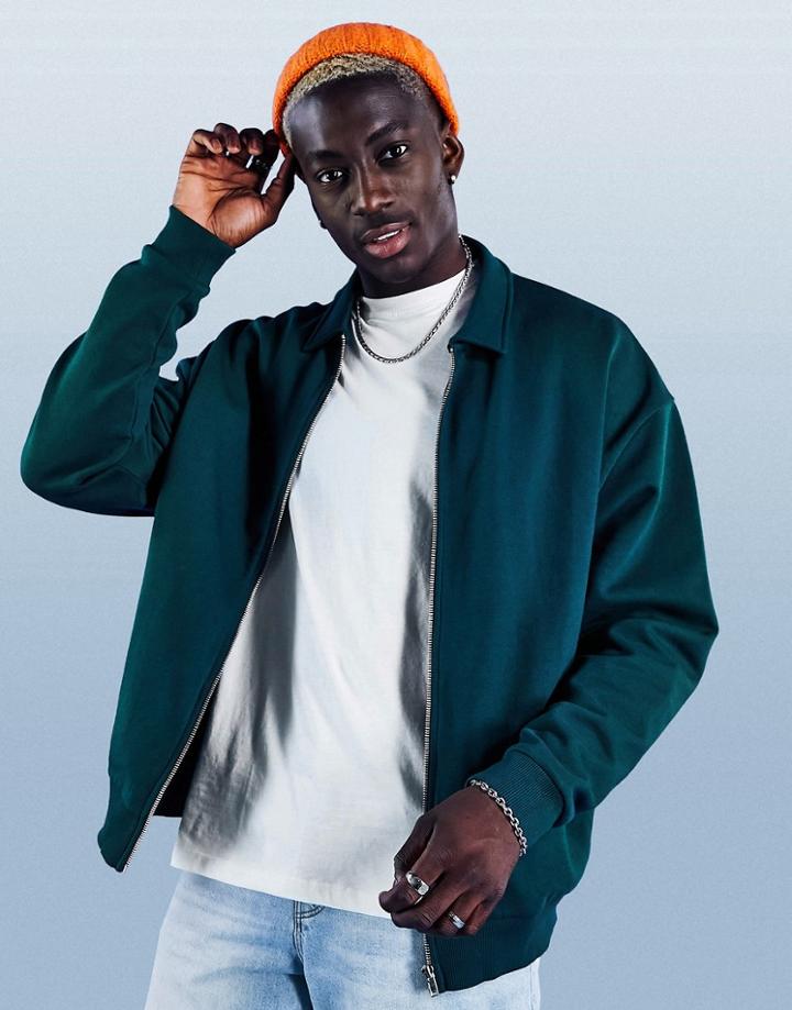 Asos Design Oversized Harrington Jersey Jacket In Forest Green