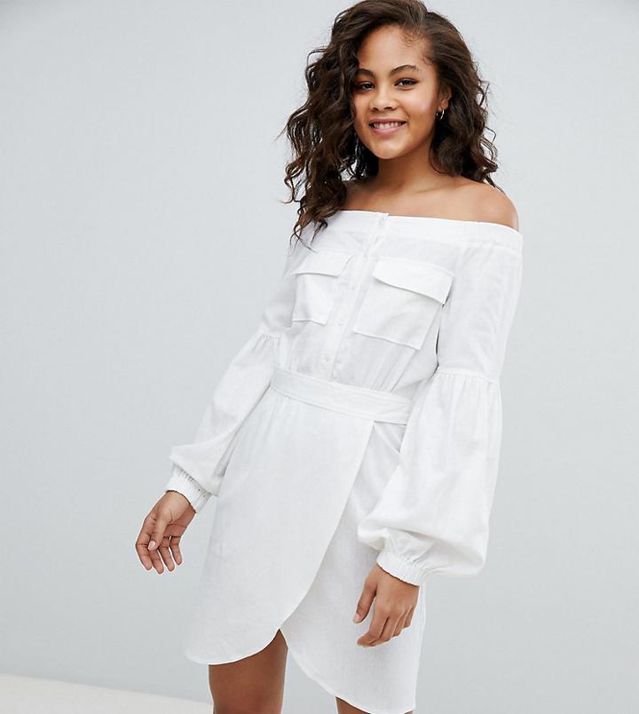 Asos Design Tall Off Shoulder Linen Mini Dress With Belt Detail - White
