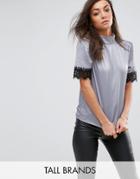 Fashion Union Tall Top In Satin With Lace Trim - Gray