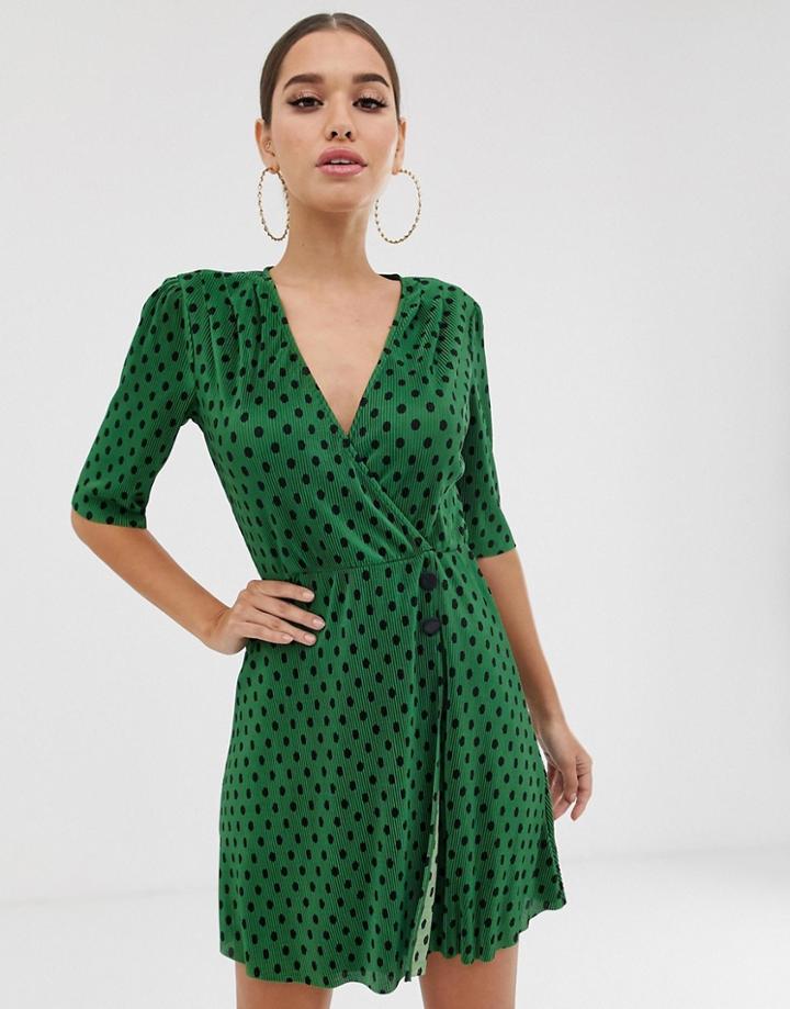 Asos Design Polka Dot Plisse Mini Dress With Button Detail-multi