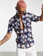 Only & Sons Short Sleeve Shirt With Palm Print In Navy