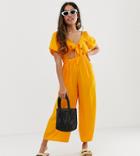 Asos Design Petite Tea Jumpsuit With Puff Sleeve And Tie Detail - Yellow