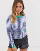 Brave Soul Eloise Long Sleeve T Shirt In Stripe With Contrast Rib-navy