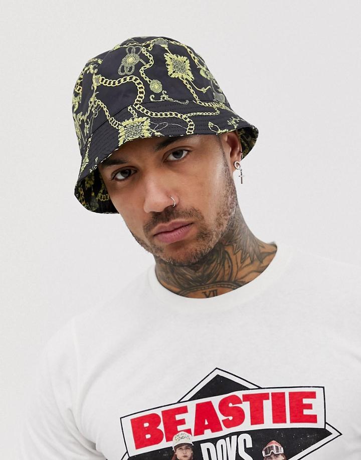 Asos Design Bucket Hat With Gold Chain Print - Black