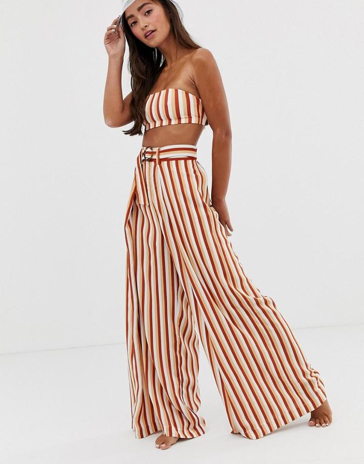 Monki Wide Leg Beach Trousres In Beige And Brown Stripe