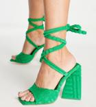 Public Desire Wide Fit Mojito Tie Up Block Heel Sandals In Green Towelling