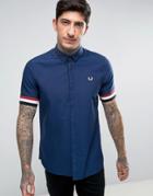 Fred Perry Short Sleeve Oxford Shirt With Striped Cuff In Navy - Navy