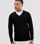 Asos Design Tall V-neck Cotton Sweater In Black