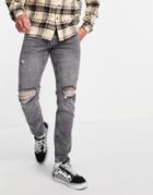Asos Design Stretch Slim Jeans In Washed Gray With Knee Rips-black