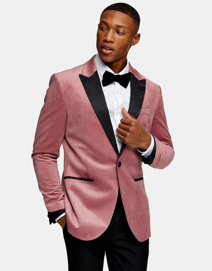 Topman Skinny Single Breasted Tuxedo Jacket In Pink Velvet