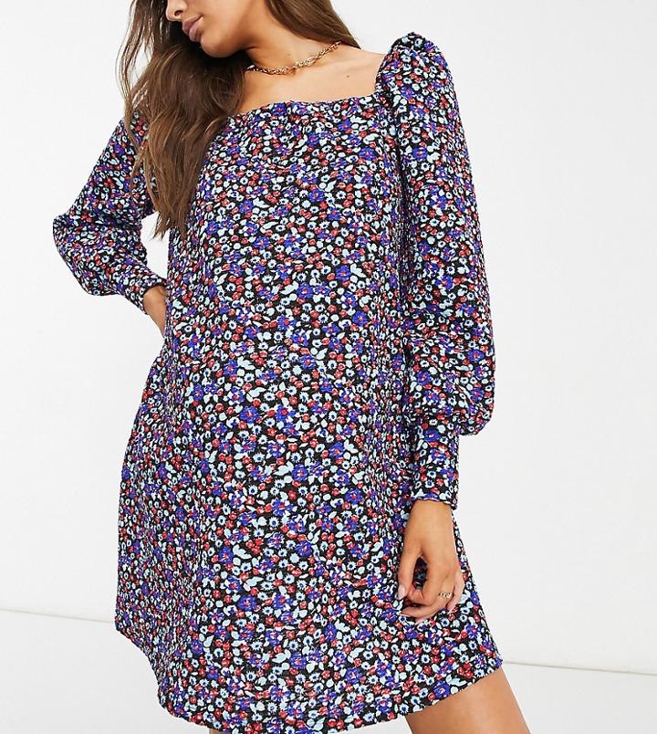 Asos Design Maternity Textured Smock Mini Dress In Blue And Red Floral Ditsy Print-blues