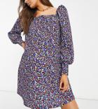 Asos Design Maternity Textured Smock Mini Dress In Blue And Red Floral Ditsy Print-blues