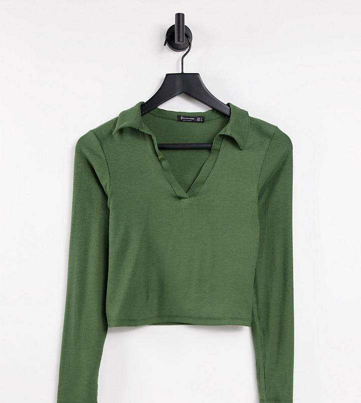 Stradivarius Long Sleeve Polo In Khaki-green