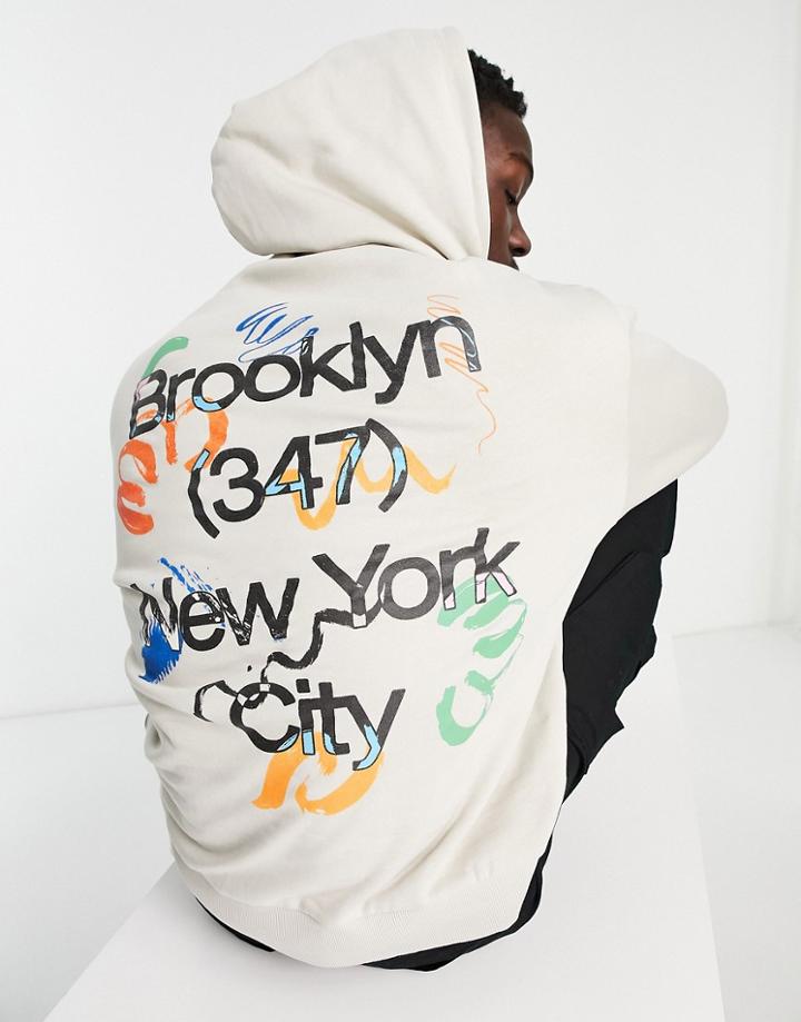 Asos Design Oversized Hoodie In Beige With Abstract City Back Print-neutral