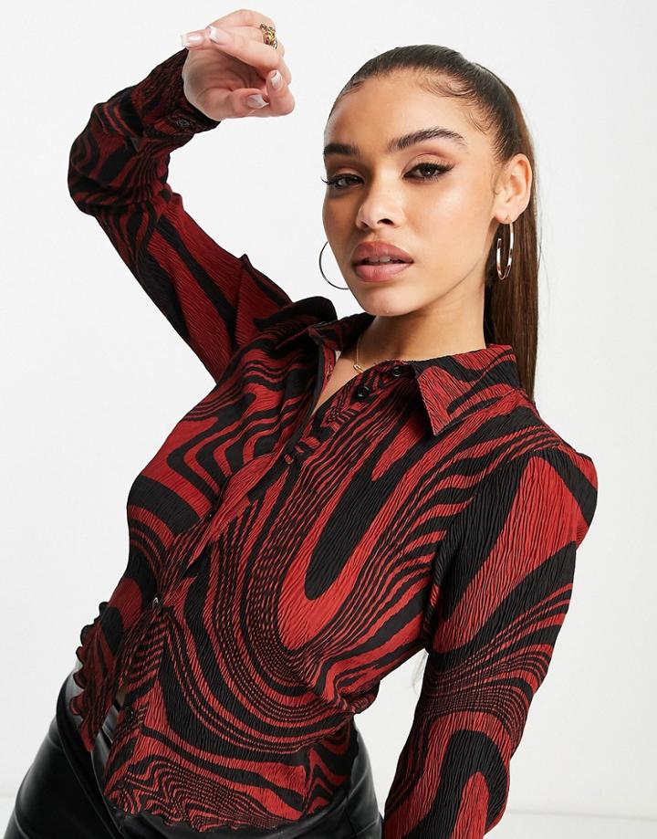 Jaded London 90s Fitted Shirt In Plisse Ripple - Part Of A Set-black