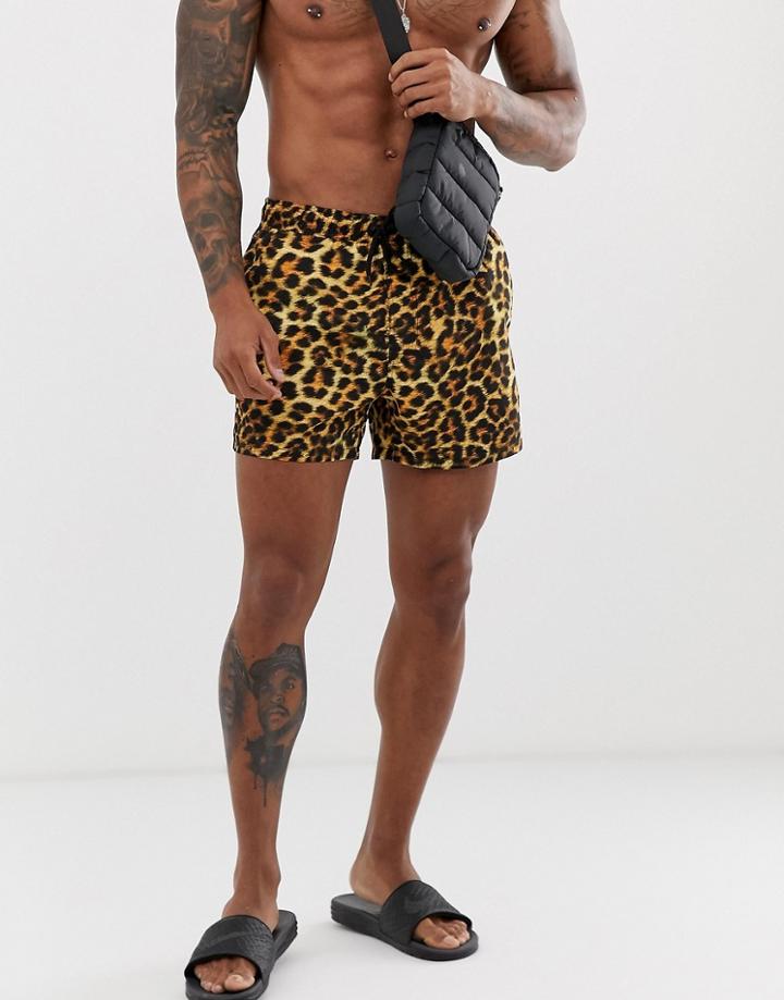 Asos Design Swim Shorts With Leopard Print In Short Length - Multi