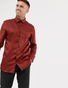 River Island Slim Fit Sateen Shirt In Rust - Red