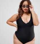Asos Design Curve V Front Ruched Detail Swimsuit In Black - Black
