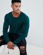 Religion Muscle Fit Knit Sweater In Green With Grandad Neck - Green