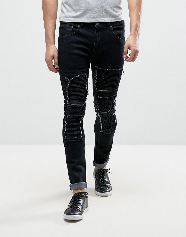 Liquor & Poker Skinny Jean Rip And Repair Biker Panel - Black