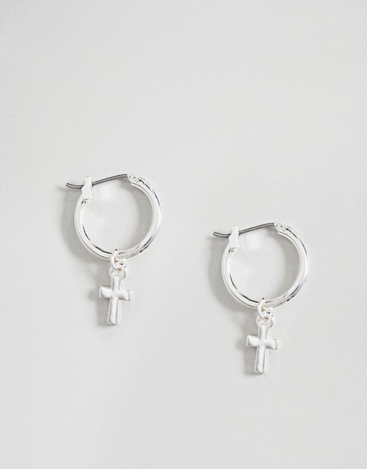 Asos Hoop Earrings In Silver With Cross - Silver
