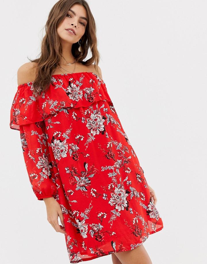 Glamorous Off Shoulder Floral Print Dress-red