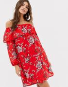 Glamorous Off Shoulder Floral Print Dress-red
