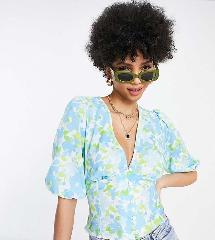 Asos Design Tall Button Front Tea Blouse With Volume Sleeve And Tie Back Detail In Blue & White Floral