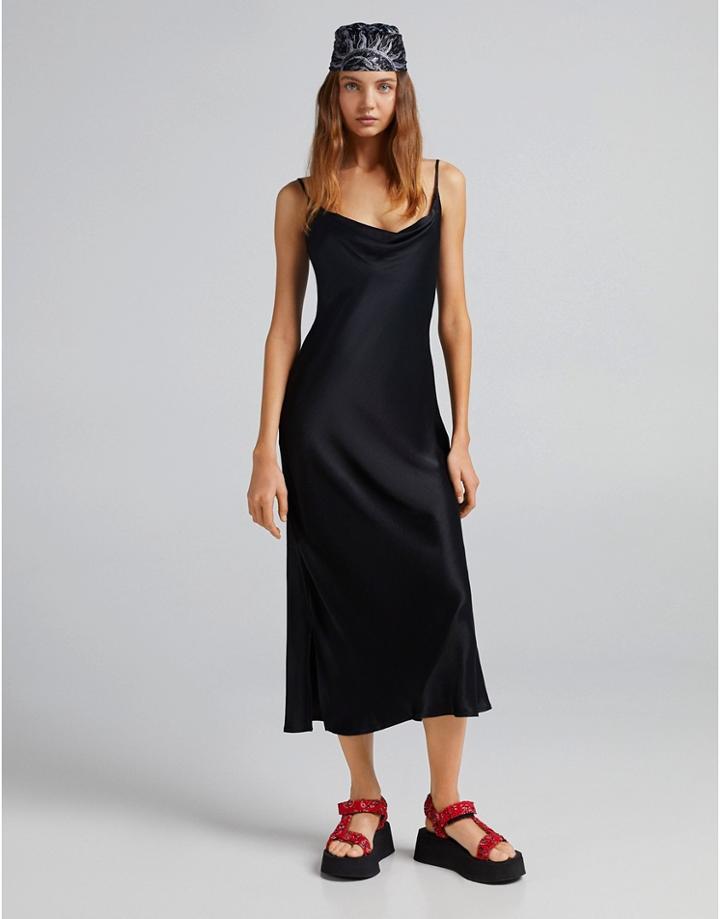 Bershka Midi Satin Dress In Black