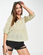 Asos Design Scoop Neck Top With Lace Inserts In Sage-green