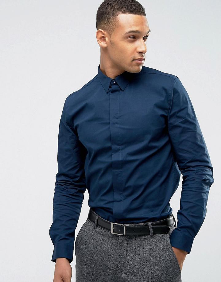 Threadbare Premium Stretch Cotton Slim Fit Shirt - Navy