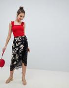 Asos Design Mixed Ditsy Floral Wrap Midi Skirt With Lace Trim - Multi