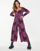 Asos Design Bubble Crepe Long Sleeve Milkmaid Tea Jumpsuit In Pink Mix Print-multi