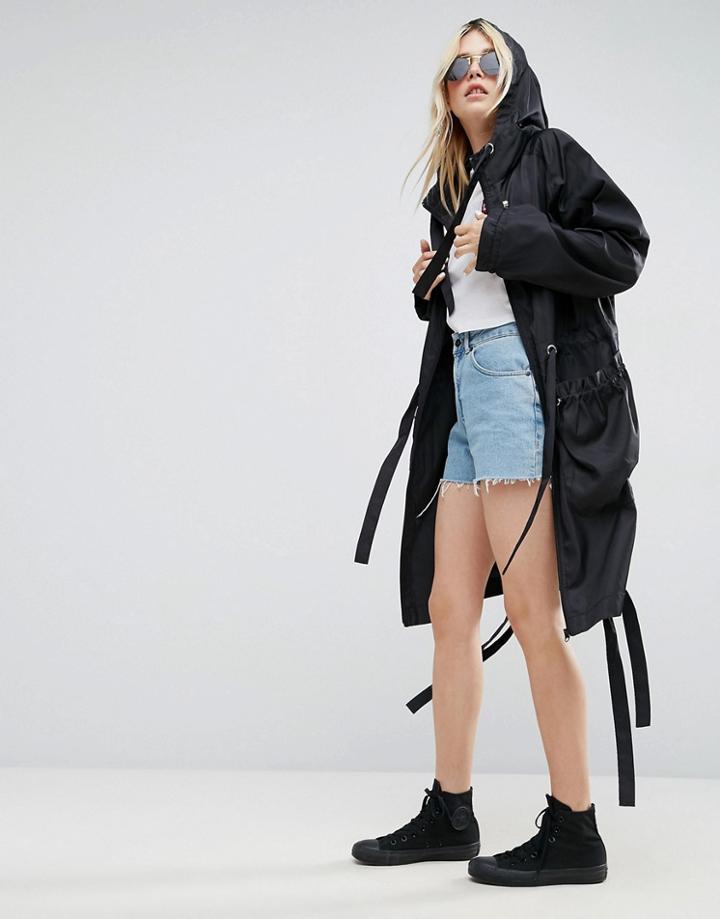 Asos Rain Parka With Side Eyelet Detail - Black