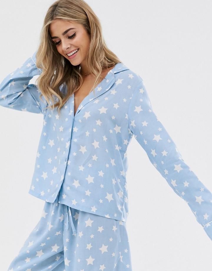 Asos Design Mix And Match 100% Modal Star Long Sleeve Traditional Pyjama Shirt-blue