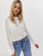Asos Design Crochet Sweater With Balloon Sleeve-cream