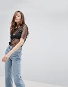 Pieces Mesh T-shirt With Bird Embroidery - Black