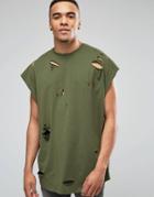 Asos Super Oversized T-shirt With Distressing And Curved Hem In Green - Rifle Green