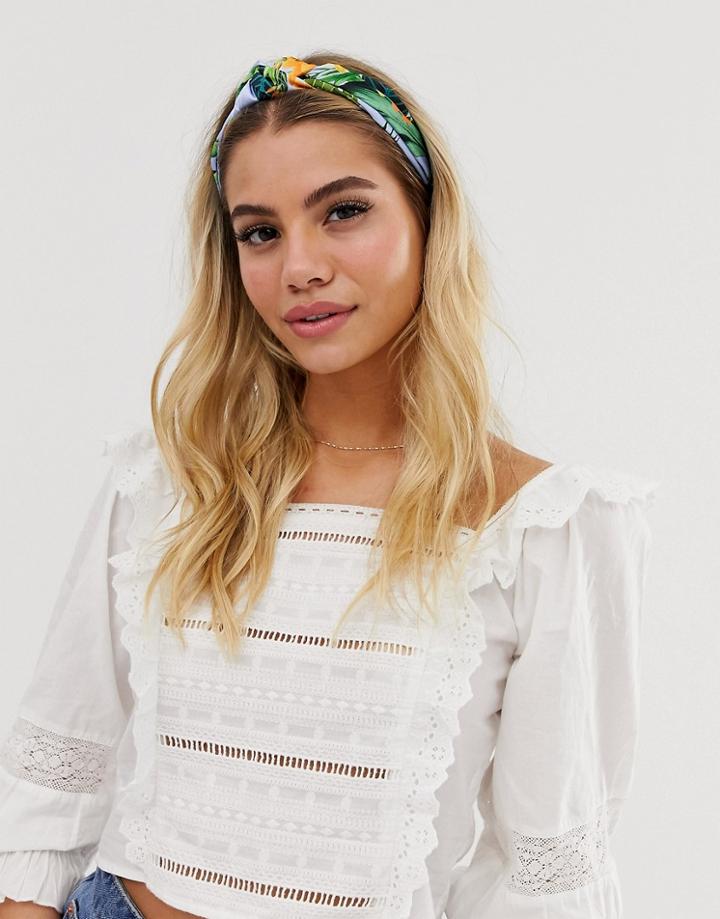Asos Design Headband With Knot Front In Leaf Print - Blue