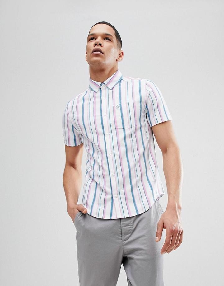 Original Penguin Slim Fit Short Sleeve Waffle Shirt With Button Down Collar In White/pink Stripe - White