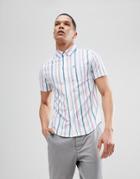 Original Penguin Slim Fit Short Sleeve Waffle Shirt With Button Down Collar In White/pink Stripe - White