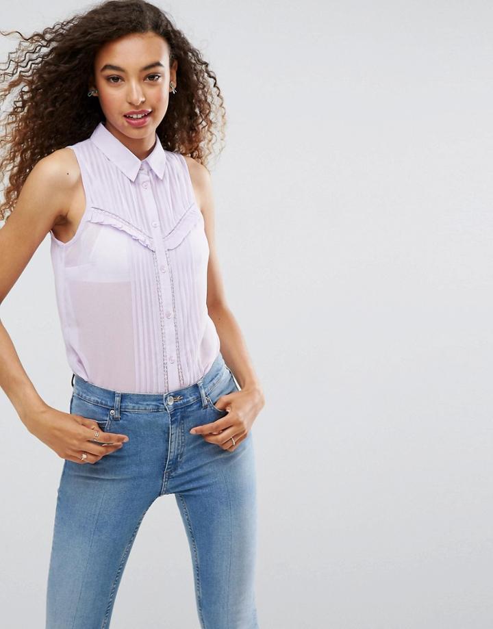 Asos Sleeveless Shirt With Pintuck And Lace Detail - Purple