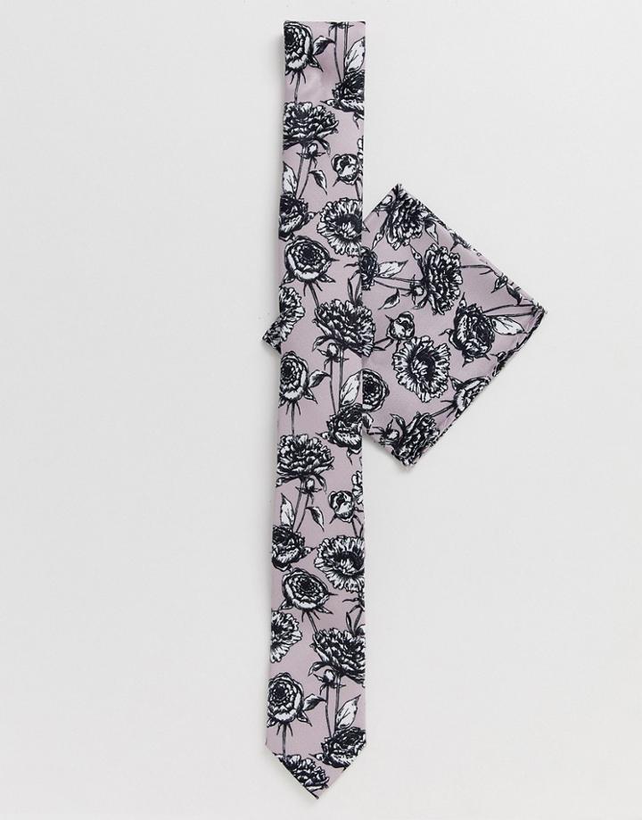 Twisted Tailor Tie And Pocket Square Set In Floral Pink