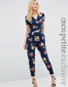 Asos Petite Exclusive Wrap Front Jersey Jumpsuit With Short Sleeve In Navy Floral Print - Navy