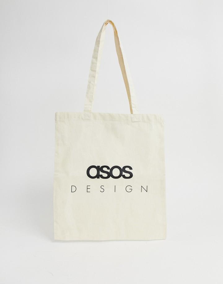 Asos Design Branded Tote Bag - Cream