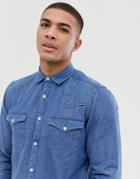 Asos Design Regular Fit Western Denim Shirt With Geo-tribal Print-blue