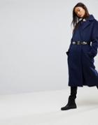 Asos Double Breasted Coat With Brooch Belt - Navy
