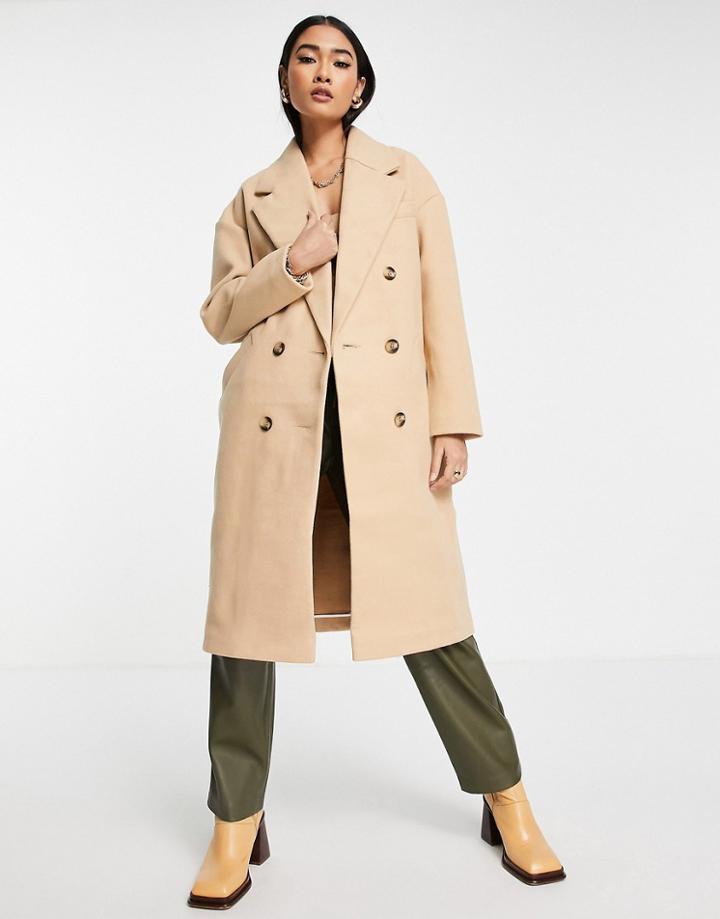 Topshop Double Breasted Long Coat In Camel-neutral